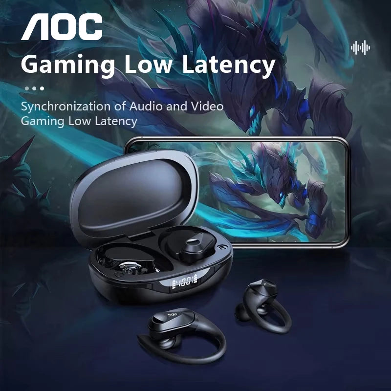 AOC LP75 Wireless Sports Earbuds – Bluetooth 6.0, IPX5 Waterproof, LED Display, Low Latency Gaming Headphones