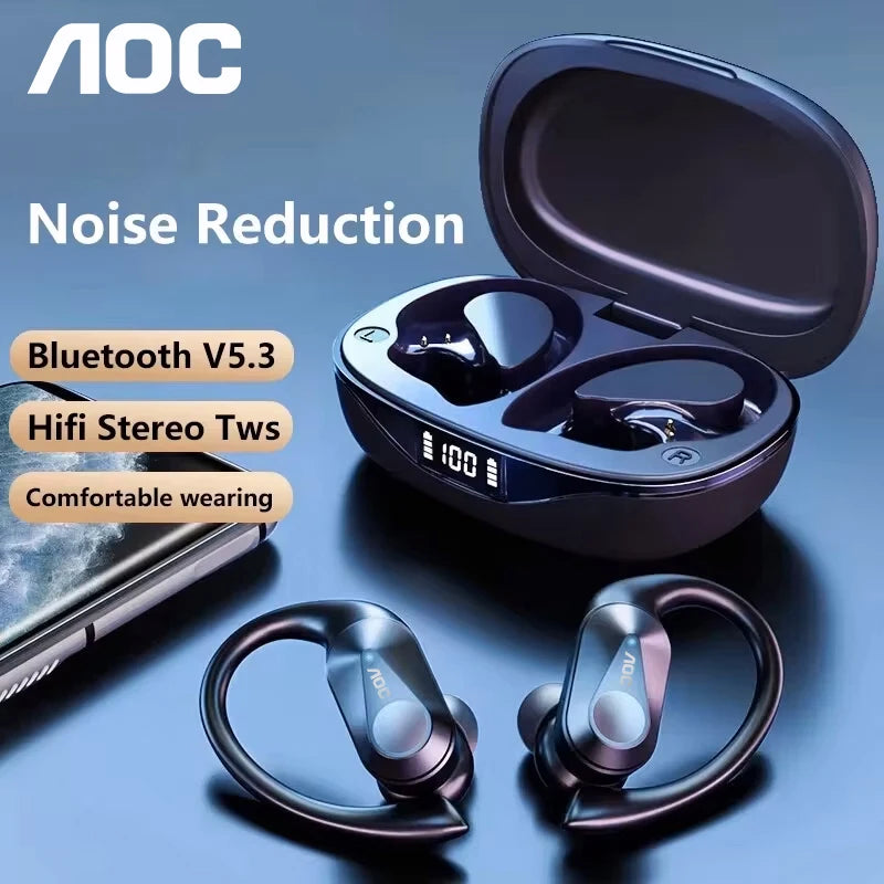 AOC LP75 Wireless Sports Earbuds – Bluetooth 6.0, IPX5 Waterproof, LED Display, Low Latency Gaming Headphones