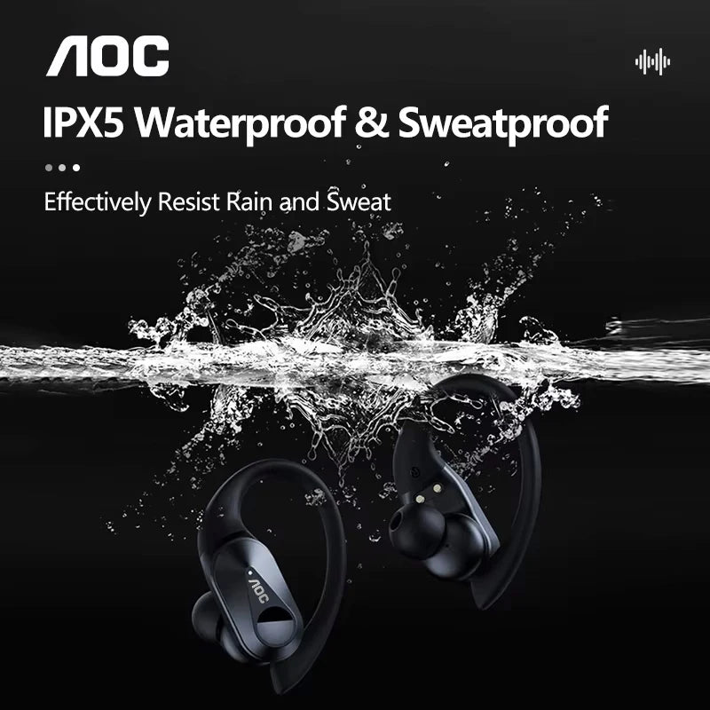 AOC LP75 Wireless Sports Earbuds – Bluetooth 6.0, IPX5 Waterproof, LED Display, Low Latency Gaming Headphones